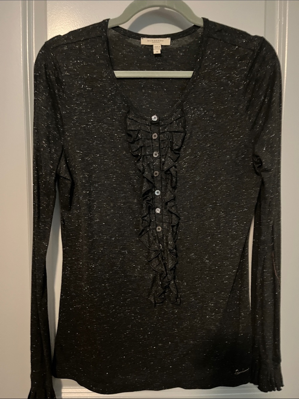 Burberry Black Speckled Ruffle-Front Long Sleeve Tee